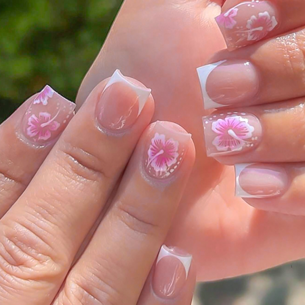 Pressed Flower Art - 24Pcs French Flower False Nails Pink