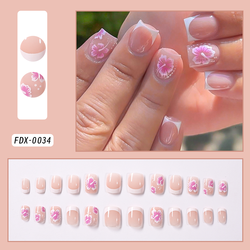 24Pcs French Flower False Nail - Pressed Flower Art 评论和价格